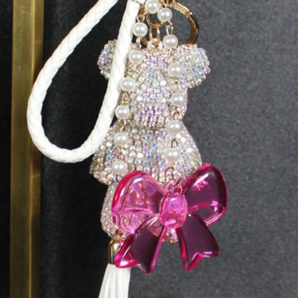 Handcrafted Rhinestone Teddy Bear Bag Charm Pearl Pink Bow Tassel Gold Tone - Picture 6 of 8